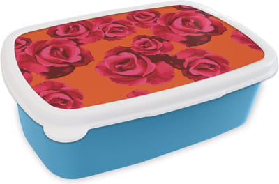 Broodtrommel Blauw - Lunchbox - Brooddoos - Rozen - Oranje - Patroon - 18x12x6 cm - Kinderen - Jongen