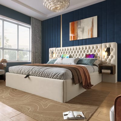 MODENUIT Gestoffeerd bed 160x200 cm – Opbergbed met 2 nachtkastjes – Leeslampen en laadpunten – Zonder matras – Beige