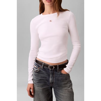 Calvin Klein Ls Woven Label 2x2 Blouse Brilliant White Taglia: M | Maglie a manica lunga Outlet | Donna | Bianco