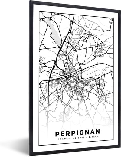 Fotolijst incl. Poster Zwart Wit- Plattegrond - Kaart - Frankrijk - Stadskaart - Perpignan - Zwart wit - 40x60 cm - Posterlijst