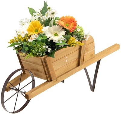 COSTWAY Bloemenwagen, plantenwagen met 9 magnetische accessoires, 1 ijzeren wiel en 2 handgrepen, bloemkar van grenenhout voor binnen en buiten, 5 kg belastbaar, naturel