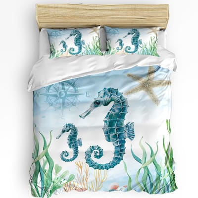 Zeepaard Oceaan Nautische Stijl Dekbedovertrek Met Kussensloop Aangepaste 3-delige Beddengoedset Dekbedovertrek Tweepersoonsbed Hometextiel EU single(135x200cm)