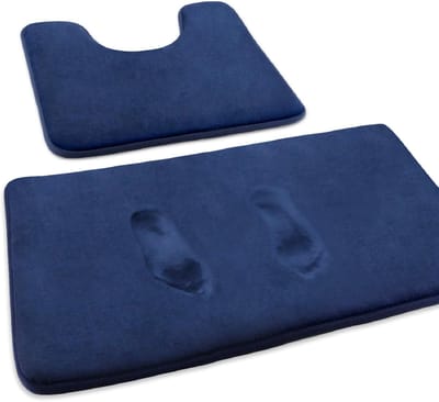 Famanu – Badmat 2 delig Anti slip Badkamerteppich en absorberende U vormige Contourtapijt Voetmat voor Badkamer Douche wasmachinebestendig en super zacht Donkerblauw