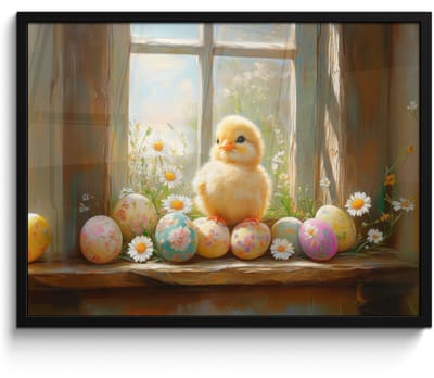 Poster in lijst - Fotolijst 70x50 cm - Posters - Kuiken - Raam - Paaseieren - Posterlijst zwart - Decoratie - Wanddecoratie woonkamer - Muurdecoratie slaapkamer