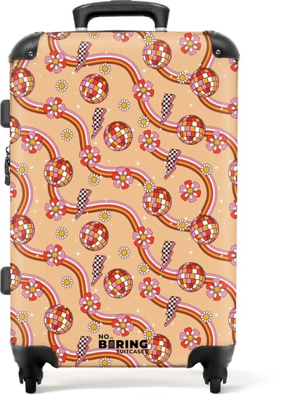 NoBoringSuitcases.com - Grote koffer - Retro disco 70s bloem patroon kleurrijk - Kinderkoffer geschikt voor jongen en meisjes - Reiskoffer met 4 wielen - Trolley op wieltjes - Rolkoffer groot kinderen - 72 liter - Ruimbagage valies 20kg