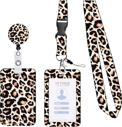 Travel Cords - Pashouder Set Luipaardprint Crème - 4 in 1 set - pashouder - keycord - badgehouder - telefooncord - stevig - werk - school - a