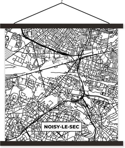 Posterhanger incl. Poster 60x60 cm - Schoolplaat - Frankrijk - Plattegrond - Stadskaart - Noisy-le-Sec - Kaart - Zwart wit - Textielposter - Zwarte latten - Stadskaart