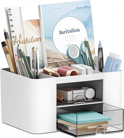 CLORD "Bureau-organizer: Multifunctionele Pennenhouder met 7 Vakken en Lade - Tafelorganizer van Kunststof voor Kantoor, Thuis en School (Wit)"