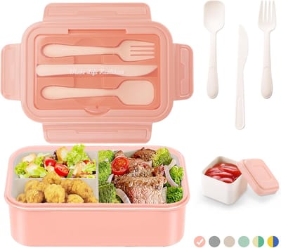Famanu - Lunchbox voor volwassenen en, 1400 ml, met 3 vakken, incl. bestek, de snackbox is geschikt voor magnetrons en vaatwassers, voor school, werk, picknick en op reis (Pink)
