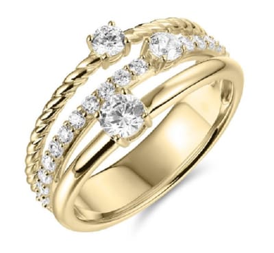 Schitterende 14 Karaat Gouden 3 Bands Ring de Luxe met 3 Zirkonia's 19.00 mm. (maat 60)|Aanzoeksring