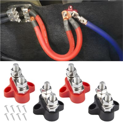 4 stuks busstangklemmen, universele accuklemmenblok 12-48 V DC busbar, bouten aansluiting M8 accuklemmen, voor auto, vrachtwagen, personenvoertuig en boot