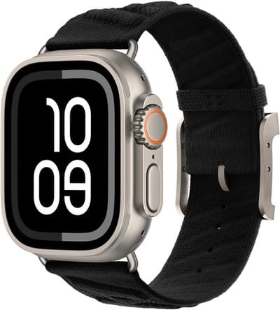 Luxe nylon bandje - geschikt voor Apple Watch 1/2/3/4/5/6/7/8/9/10/11/ SE (1,2,3) met maat 38 mm / 40 mm / 41 mm en 42 mm (Watch 10/11) - rvs gesp - zwart