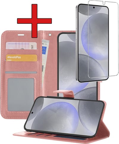 Hoesje - Met Screenprotector - Geschikt voor Samsung Galaxy S24 - Luxe Pasjeshouder - Flipcase - Bookcase Portemonee - Flip Case - Kunstleer Book Case - Book Cover - Walletcase - Portemonneehoes - Telefoonhoes - Rosé goud