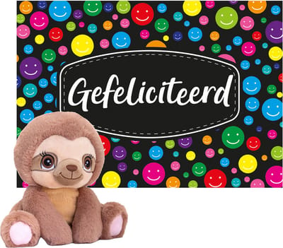 Keel toys - Cadeaukaart A5 Gefeliciteerd met superzacht knuffeldier luiaard 16 cm