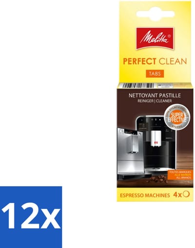 12 x Melitta - Perfect Clean – Reinigingstabletten – Voor volautomatische espressomachines – 4 tabletten - Reinigingstabletten - Koffieautomaten - Zetgroep Reinigen - Koffieolie Verwijderen - Smaak Verbeteren