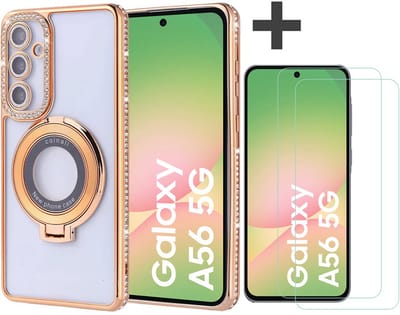 Hoesje met Ringhouder Geschikt voor Samsung Galaxy A56 met Diamant Glitters en 2 Stuks Gehard Glas Screenprotector – Arara Backcover - Goud