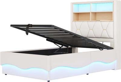 COVREO Kinderbed met opbergruimte en LED-verlichting – 90x200 cm – Gestoffeerde slaapplaats met USB-aansluiting en lattenbodem – voor kinderkamer en tienerkamer – Beige - zonder matras