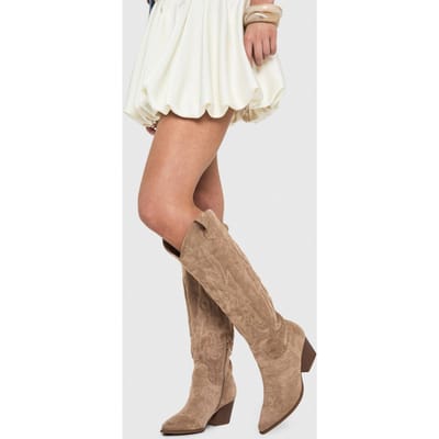 boohoo Dames Kniehoge Geborduurde Westernlaarzen | Taupe | Maat: 36