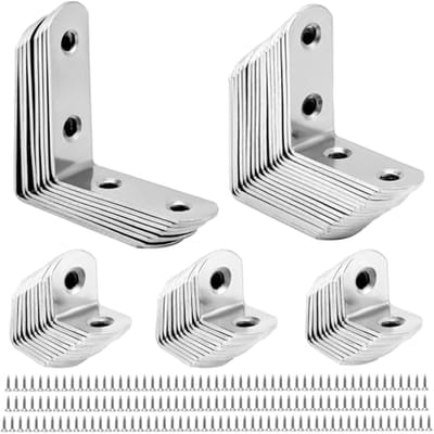 Hoekbeugels RVS, 56 stuks L-vormige beugels, 16x20mm, 16x40mm, 16x50mm, 90 graden voor meubelbevestiging