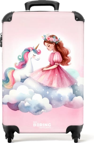 NoBoringSuitcases.com® - Kinderkoffer meisje - Kindertrolley meisjes - Prinses en eenhoorn - Handbagage koffer lichtgewicht - Reiskoffer trolley kinderen - Rolkoffer met wieltjes - Past binnen 55x40x20 en 55x35x25
