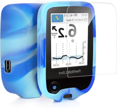 Beschermhoes voor Freestyle Libre 1/2 - Silicone Case, Schokbestendig en Krasbestendig met Tempered Glass Screen Protector in Blauw/Wit