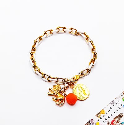 Jeannette-Creatief® - Holland - Jasseron & Bedels Oranje 1 - Oranje Armband - Oranje - Armband Jasseron Goud Wit - Gouden RVS Jasseron Armband - Dames Armband - Munt - Bedelarmband - Bedels - Coins - Gouden Leeuw - Pompom - WK - Koningsdag