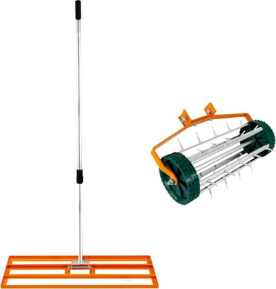2-in-1 verticuteer- en gazonvlakker set - oranje - 100cm - spikes