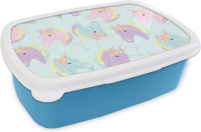Broodtrommel Blauw - Lunchbox - Brooddoos - Unicorn - Sterren - Patronen - 18x12x6 cm - Kinderen - Jongen