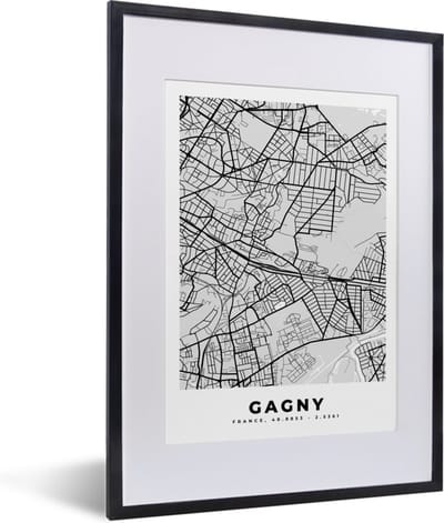 Fotolijst incl. Poster - Plattegrond – Gagny – Stadskaart – Kaart – Frankrijk - 30x40 cm - Posterlijst
