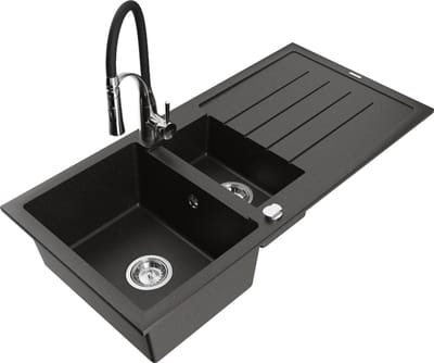 Mexen Andres granieten spoelbak 1,5-kompartiment met afdruiprek en keukenmengkraan Aster, zwart/goud metallic - 6515-75-73450-07