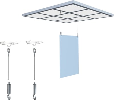 Artiteq Ophangset Systeemplafond - Complete Set met 2 Plafondclips, 2 Staaldraad (1,2 mm x 300 cm) & 2 Zelfklemmende Haken - Ideaal voor bewegwijzering, routeaanduiding en lichte panelen