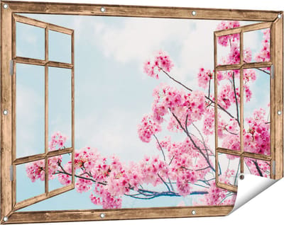 Gards Tuinposter Doorkijk Roze Bloesemboom - Bloemen - 120x80 cm - Tuindoek - Tuindecoratie - Wanddecoratie buiten - Tuinschilderij