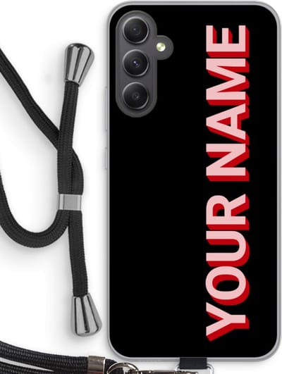 Gepersonaliseerd - Case Company® - Hoesje met koord geschikt voor Samsung Galaxy A34 hoesje met Koord - Namecase - Telefoonhoesje met Zwart Koord - Bescherming aan alle Kanten en Over de Schermrand