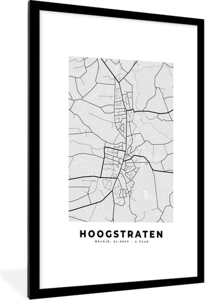 Fotolijst incl. Poster Zwart Wit- Stadskaart – Plattegrond – België – Zwart Wit – Hoogstraten – Kaart - 60x90 cm - Posterlijst