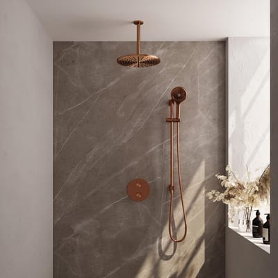 Brauer Copper Edition thermostatische inbouw regendouche 3-weg rond SET 96 met 30 cm douchekop en plafondarm en 3-standen handdouche en doucheslang en geïntegreerde glijstang koper geborsteld PVD