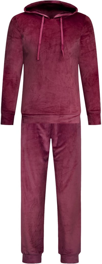 Dames Velours Fluweel Huispak Met Capuchon - Loungeset - Joggingpak - Trainingspak - Loungewear Dames - Bordeaux Rood - Maat M - 2602