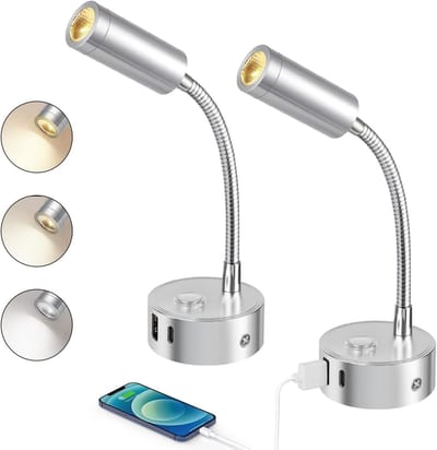 2 Stuks LED Leeslamp 12V voor Motorhome, Dimbare 3000K-6000K Verstelbare Helderheid, 360° Flexibele Gooseneck Bedlamp met USB A + C Aansluitingen voor Boot en Caravan Interieurverlichting, Wit