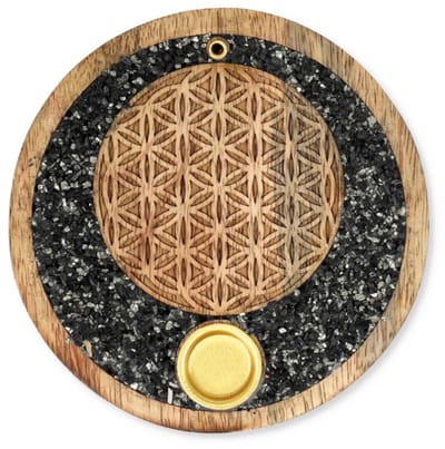 Wierookkegelhouder Flower of life toermalijn en pyriet mangohout -±10 cm