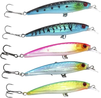 Set van 5 Stuks Kunstmatige Minnow Crankbaits, 3D Bionische Loodjes voor Zeebaars en Roofvissen, Geschikt voor Zoet en Zout Water, Perfecte Visspullen voor Mannen