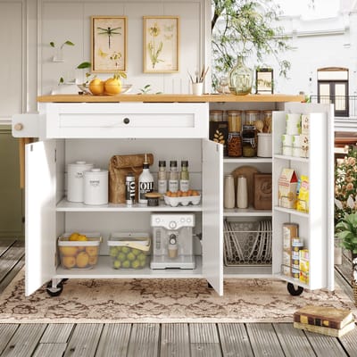 Keukentrolley 99 x 70 (40) x 90 cm - Met Wielen, Handdoekhouder en Kruidenrek - 3 Deuren en 1 Lade - Wit