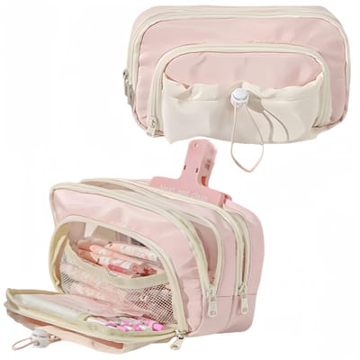 Etui, grote pennenhouder, grote opening, schattige esthetische etui met trekkoord (aardbeiroze)