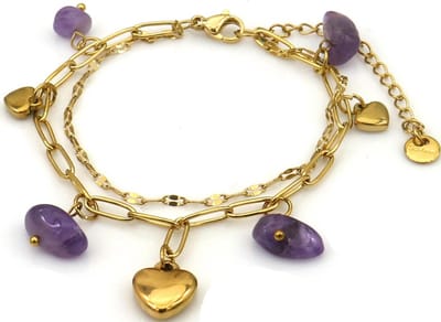 Armband - hartjes met stenen - RVS - 16-21 cm - paars – valentijn – cadeau