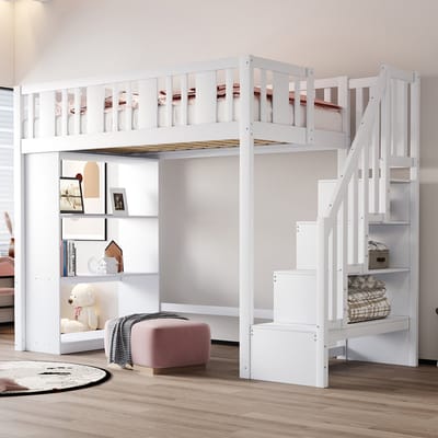Komhtom Hoogslaper 90 x 200 cm, kinderbed met opbergtrap, hoogslaper met meerdere grote opbergvakken, functioneel bed, kinderbed, tienerbed, houten bed, wit (zonder matras)