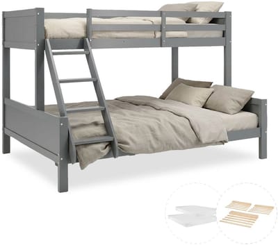 Homestyle4u Stapelbed - Kinder - 90x200 en 140x200 cm - Hoogslaper - met 2 matrassen - grijs