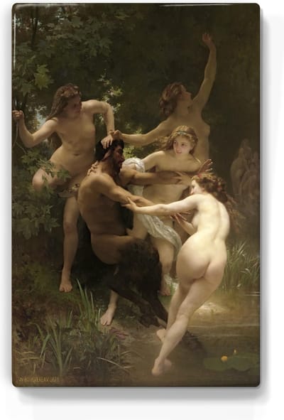 Nimfen en een sater - William Adolphe Bouguereau - 19,5 x 30 cm - Niet van echt te onderscheiden schilderijtje op hout - Mooier dan een print op canvas - Laqueprint.