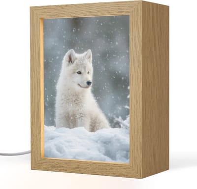 Nachtlampje 15x20 cm - Kinder lampje - Wolf - Pup - Sneeuw - Tafellamp kinderkamer - Slaapkamer lamp - Bedlamp kinderen - Kinderlampje stopcontact - Wandlamp babykamer - Nachtlampjes