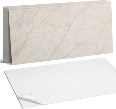 Coloray Plaktegels - Elegant marmerpatroon Wandtegel Zelfklevend - 60 cm x 30 cm - Romig Plaktegels - 6 stuks - Rechthoek PVC Tegels - Plaktegels Keuken - Zelfklevende Vloertegels Badkamer - Vinyl Tegels Zelfklevend - Zelfklevende Wandtegels