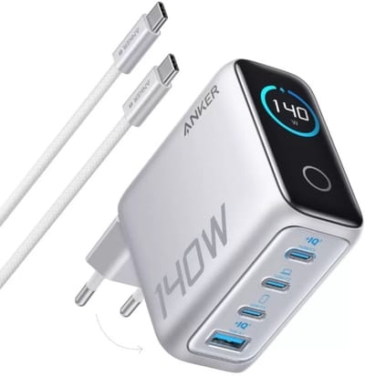 Anker 140W USB-C oplader - Geschikt als lader voor laptops - 4 poorten voor snelladen van meerdere apparaten - Geavanceerde GaN-lichtnetadapter - Intuïtieve touch-bediening - Grijs