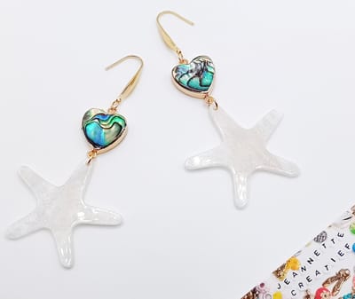 Jeannette-Creatief® - Resin - Oorbellen Zeesterren Wit Hart Schelp - Oorbellen - Strandsieraden - Ibiza Chic - Dames Oorbellen - Valentijn