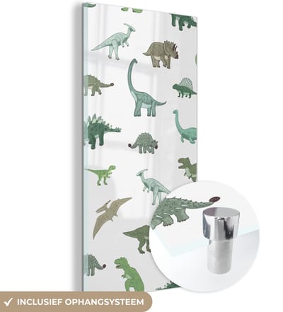 MuchoWow® Glasschilderij 60x120 cm - Schilderij acrylglas - Dinosaurus - Groen - Jongens - Bruin - Kind - Patronen - Foto op glas - Schilderijen